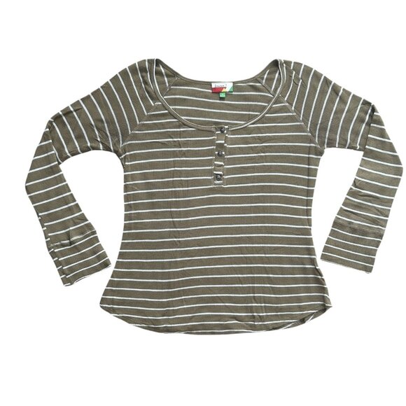 Modcloth Tops - ModCloth Fervour Shirt Womens Medium Olive White Striped Henley Stretch USA